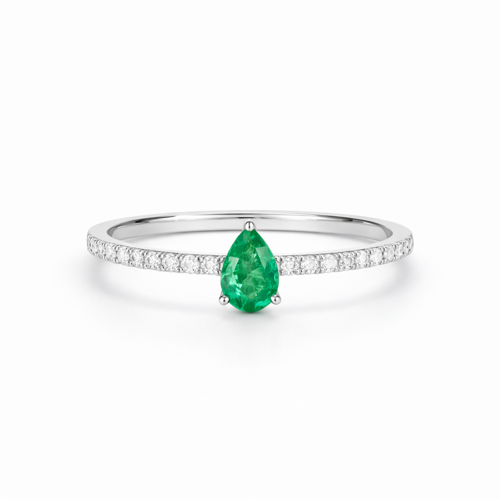 18K Solid White Gold Emerald Drop Diamond Ring