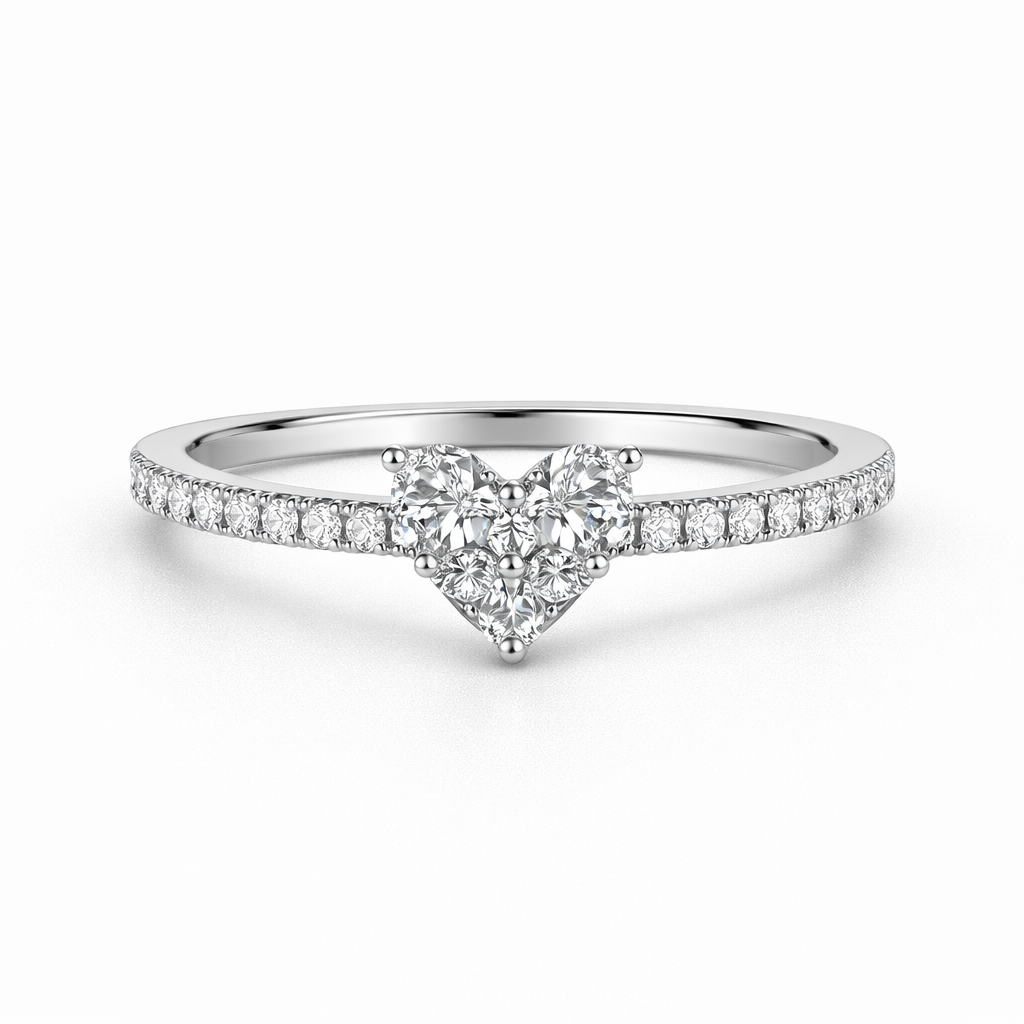 18K  White Solid Gold Diamond Heart Ring