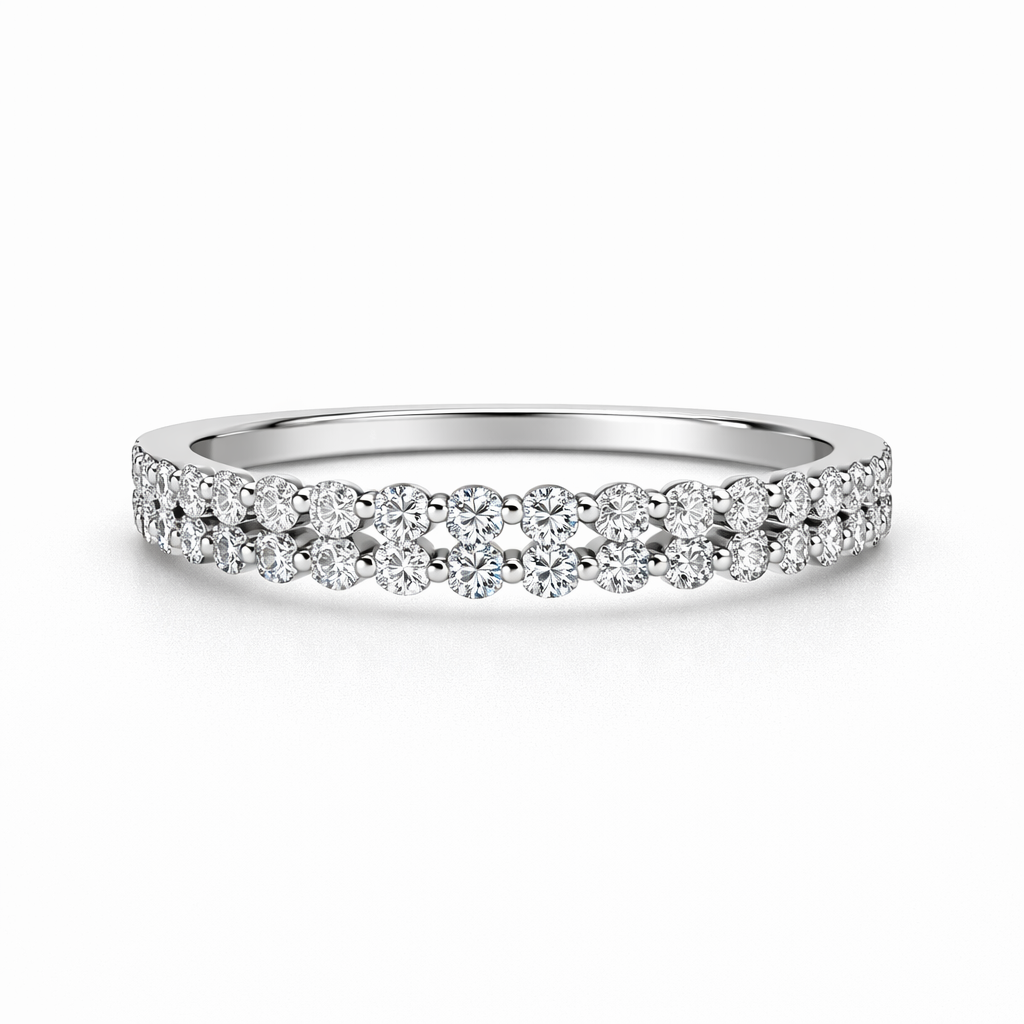 18K Solid White Gold Double Row Diamond Ring