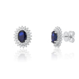18K Solid White Gold Blue Sapphire & Diamond Halo Stud Earrings