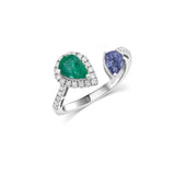 18K Solid White Gold Emerald, Sapphire and Diamond Toi et Moi Ring