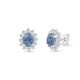 18K Solid White Gold Aquamarine & Diamond Princess Halo Earrings