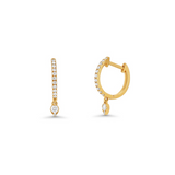 18K Solid Yellow Gold Diamond Drop Hoop Earrings