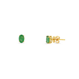 18K Solid Yellow Gold Oval Emerald Stud Earrings