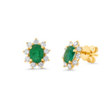 18K Yellow Gold Emerald & Diamond Halo Stud Earrings