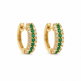 18K Solid Yellow Gold Emerald and Diamond Hoops