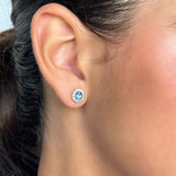 18K Solid White Gold Aquamarine & Diamond Princess Halo Earrings