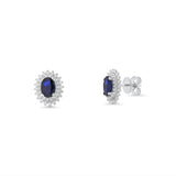 18K Solid White Gold Blue Sapphire & Diamond Halo Stud Earrings