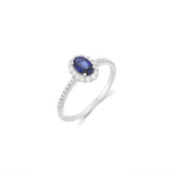 18K Solid White Gold Blue Sapphire & Diamond Halo Ring