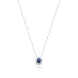 18K Solid White Gold Blue Sapphire & Diamond Oval Pendant Necklace