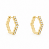 18K Solid Yellow Gold Hexagon Diamond Hoop Earrings