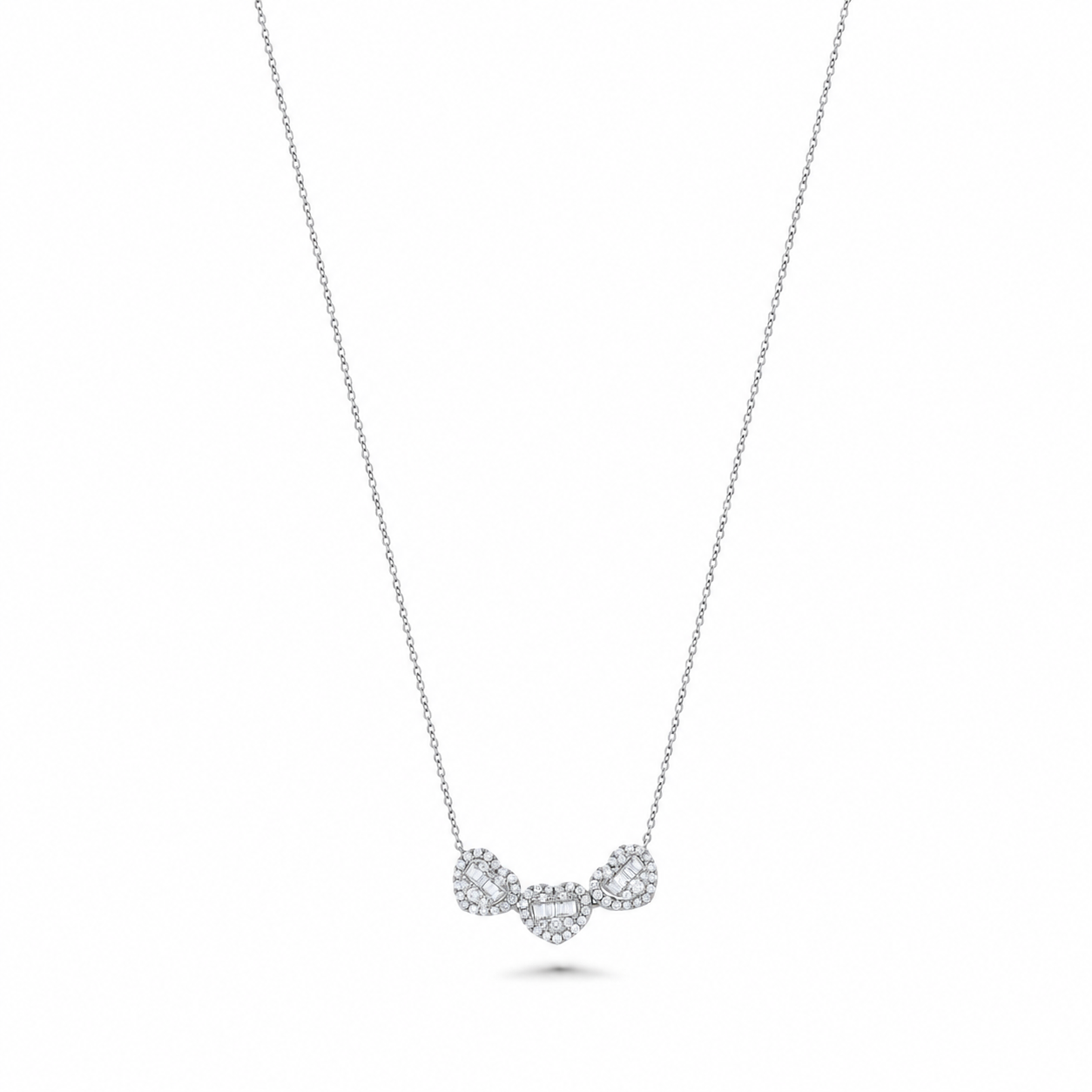 18K Solid Gold Triple Heart Baguette Diamond Necklace