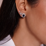 18K Solid White Gold Blue Sapphire & Diamond Halo Stud Earrings