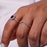 18K Solid White Gold Blue Sapphire & Diamond Halo Ring