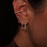 18K Solid Yellow Gold Diamond Drop Hoop Earrings